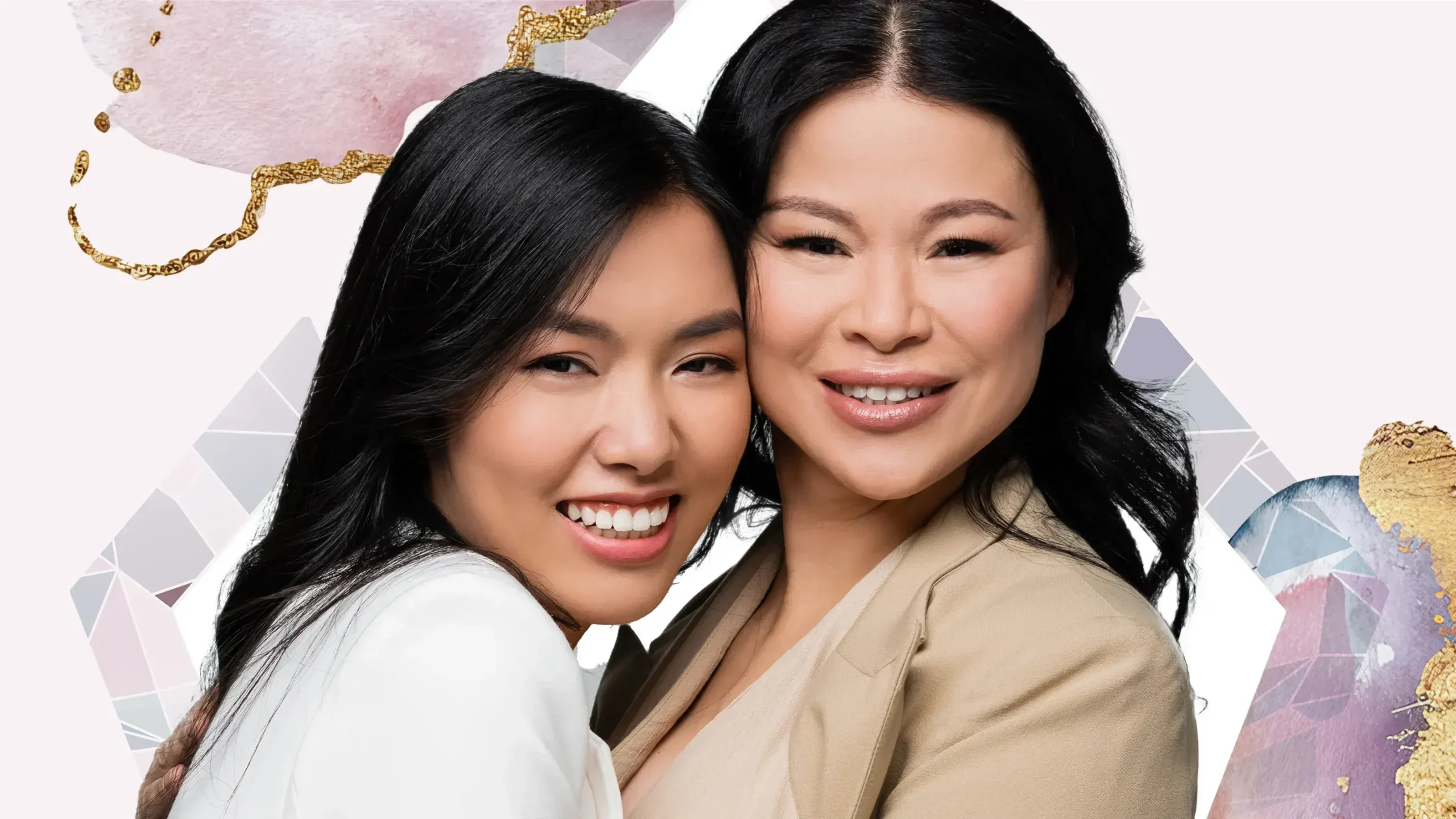 a mom and daughter smiling against a purple background
