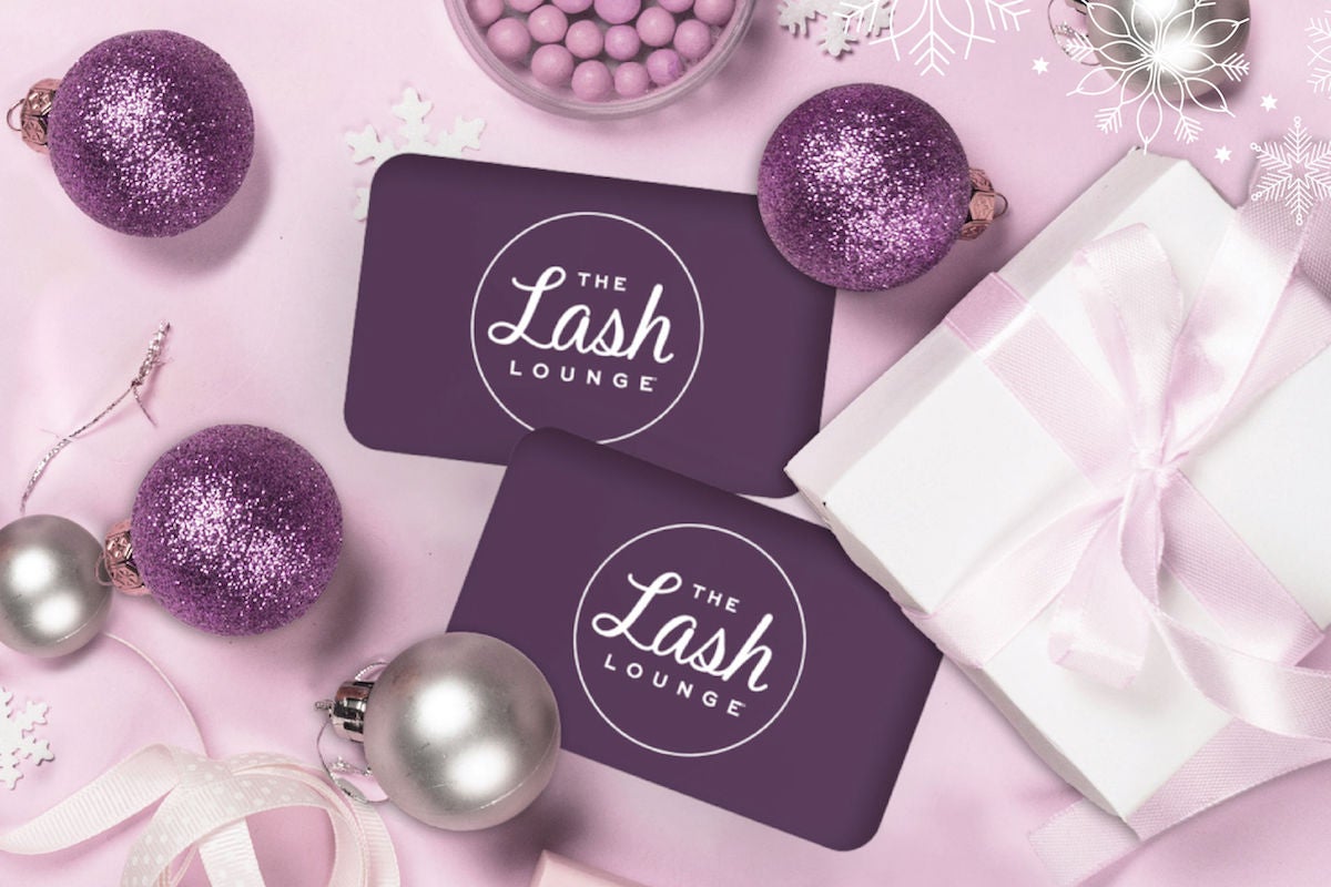 Lash Lounge gift cards and purple ornaments