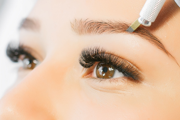 An extreme closeup of a Caucasian woman’s brown eyes and eyebrows while she is receiving a microblading treatment on her eyebrows.