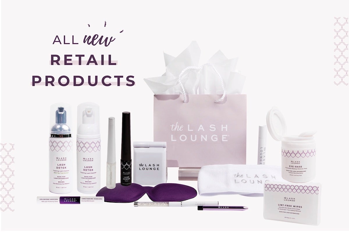 Retail products and accessories from The Lash Lounge featuring lash care, skincare, cosmetics and accessories