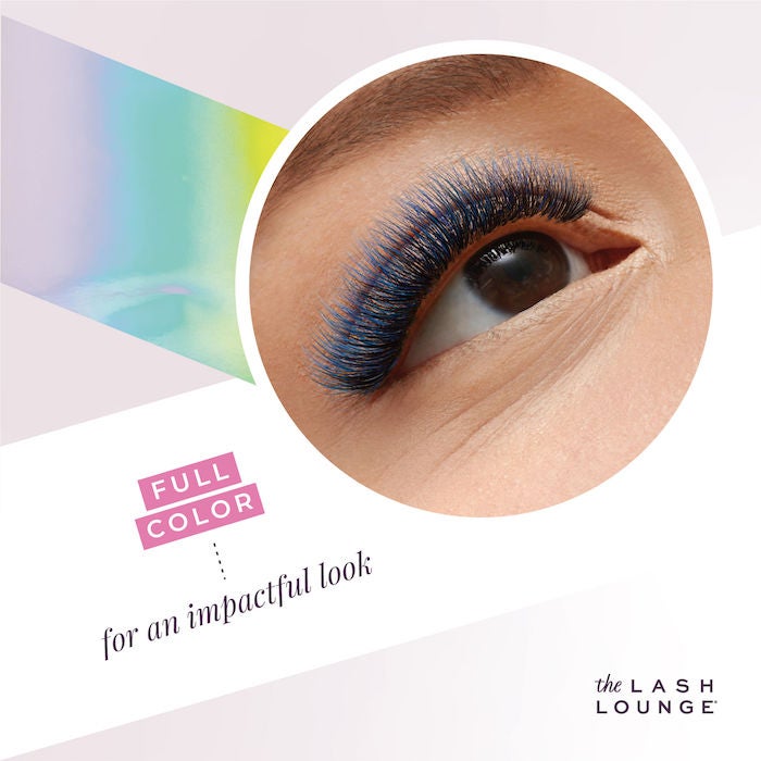 colorful graphic with closeup of blue lashes