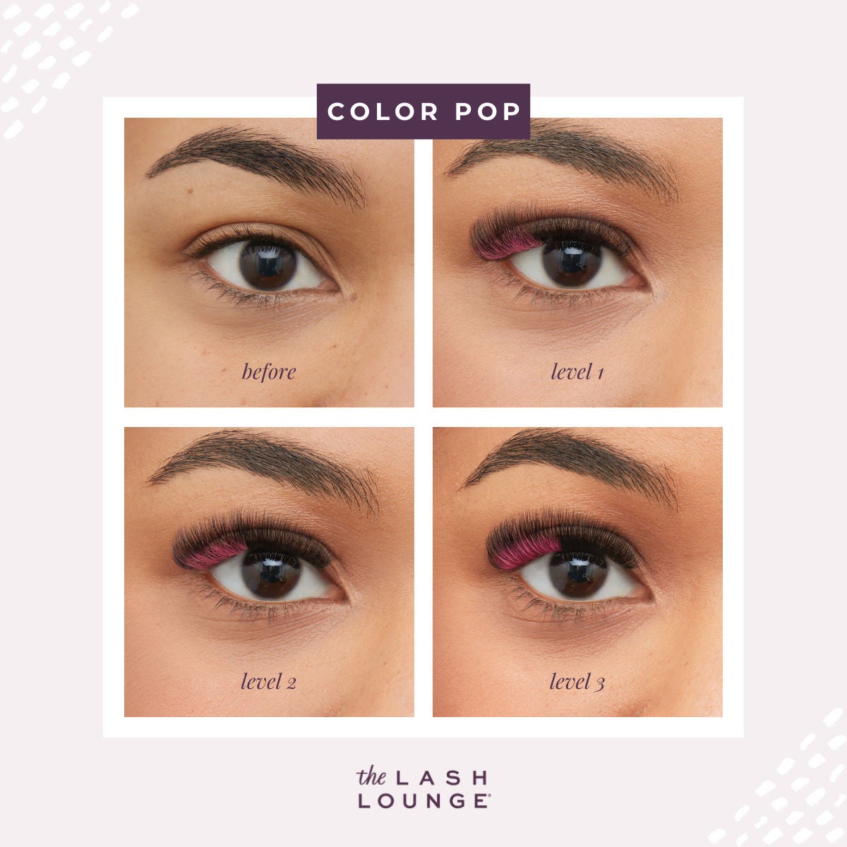 multiple images of woman's eye with pink lashes