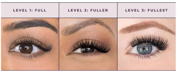 3 closeups of lash extension levels