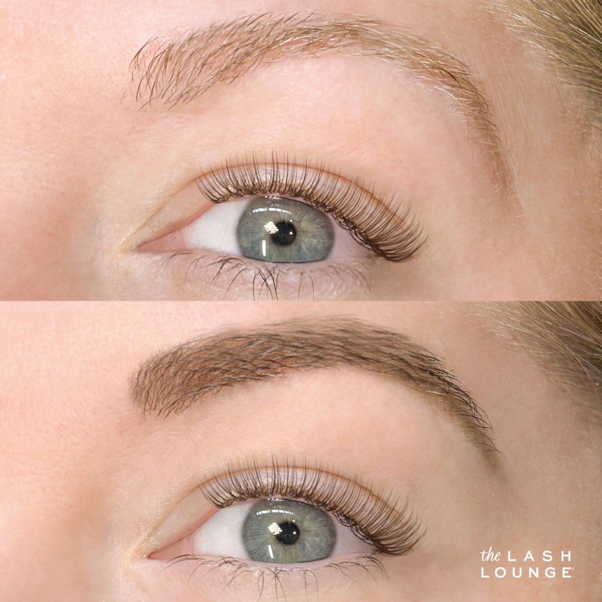 extreme close-up of guest before and after brow tint