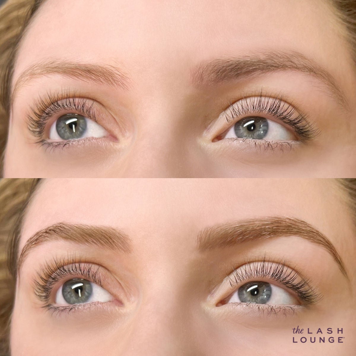 before and after extreme close-up of brow tint